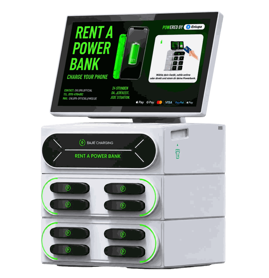 Enlupa-Station mit Display und acht Fächern für Powerbanks